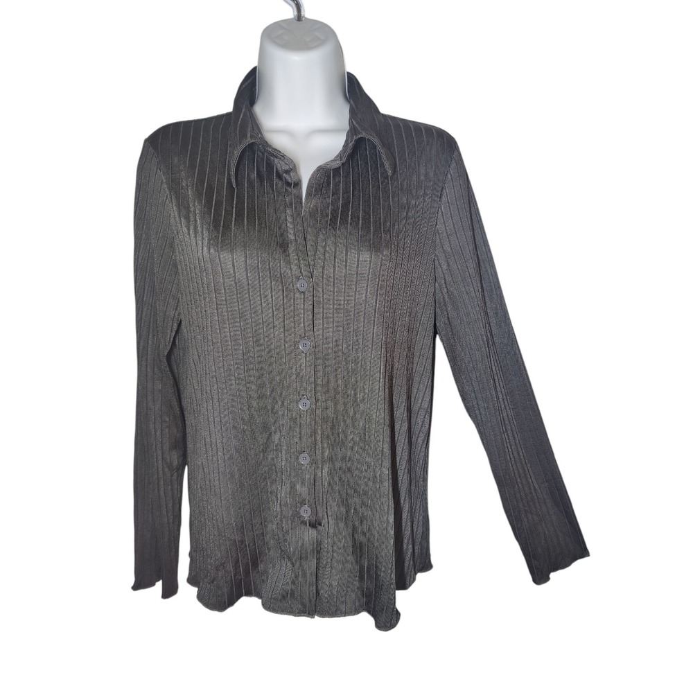 Truth By Republic Gray Ribbed Long‎ Sleeve Button-Up Stretch Top M NWT